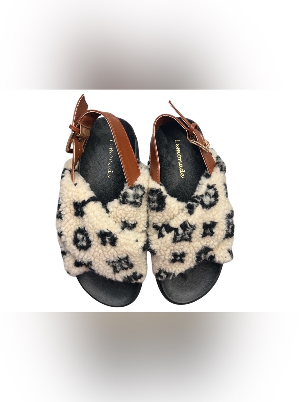 Lemonade Cream & Black Faux-Sherpa Buckle Slingback Sandals